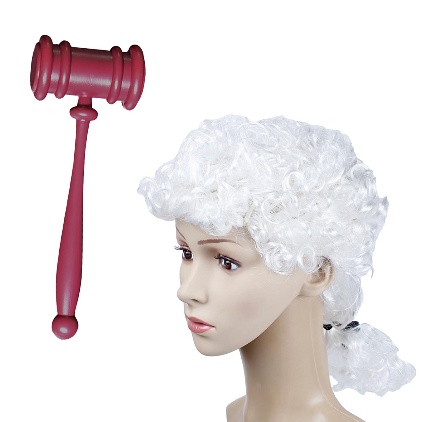 2 Pcs Judge costume accessories,White judge court lawyer wig and plastics gavel props for halloween makeup theme party