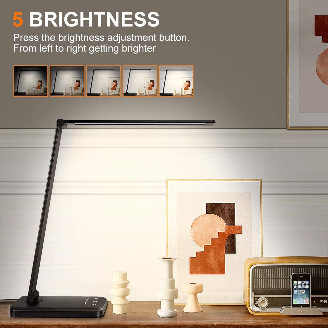 LED Desk Lamp Table Lamp Reading Lamp with USB Charging Port 5 Lighting Modes 5 Brightness Levels, Sensitive Control, 30/60 min Auto Timer, Eye-Caring Office Lamp,Folding LED Desk Lamp: Home Improvement