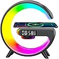 Homimor LED Wireless Charger Night Light Lamp, Bluetooth Speaker Alarm Clock, G Shaped Wireless Speaker Atmosphere Lamp for Bedside Dorm Office, Kids Adults Desk Table Lamp Gift