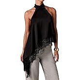 Women's Y2K Satin Tops Lace Trim Mock Neck Sleeveless Tank Tops Asymmetrical Hem Going Out Flowy Halter Top