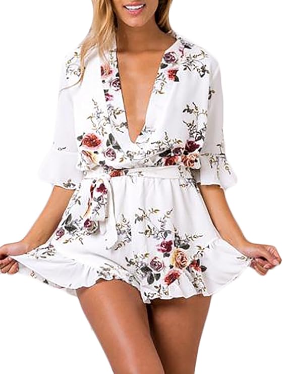 Damen Jumpsuit Elegant Kurz Sommer Weiß Playsuit Kurzarm One Piece