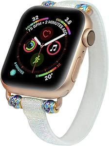 Tefeca Beaded Thin Pink Glitter Stretch Elastic Compatible/Replacement Band for Apple Watch (Enamel, S fits Wrist Size : 6.0-6.5 inch, 38/40mm)