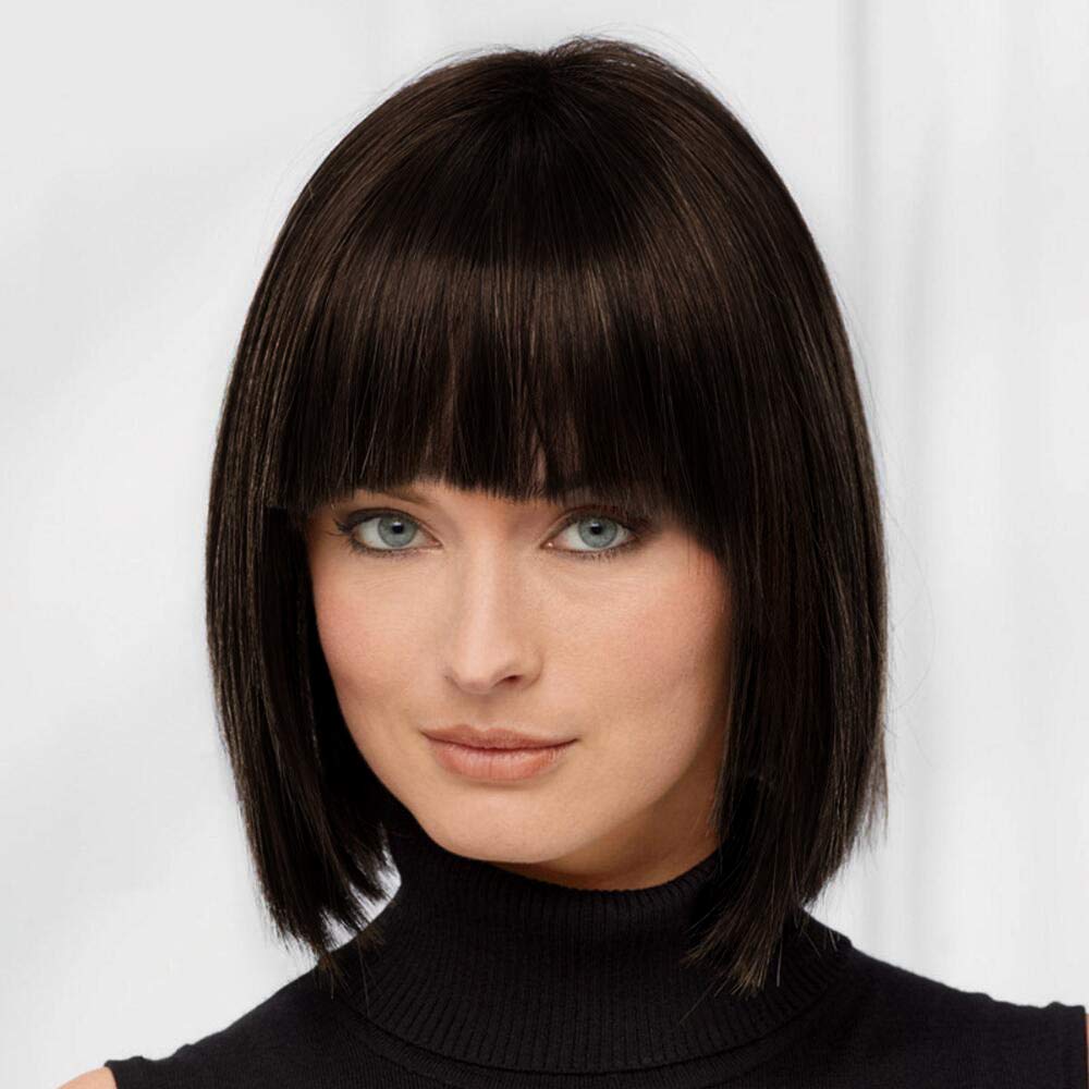 HAIRCUBE Natural Human Hair Wigs for Women Charming Short Bob Straight Dark Brown Wig with Bangs Daily Ladies Wig