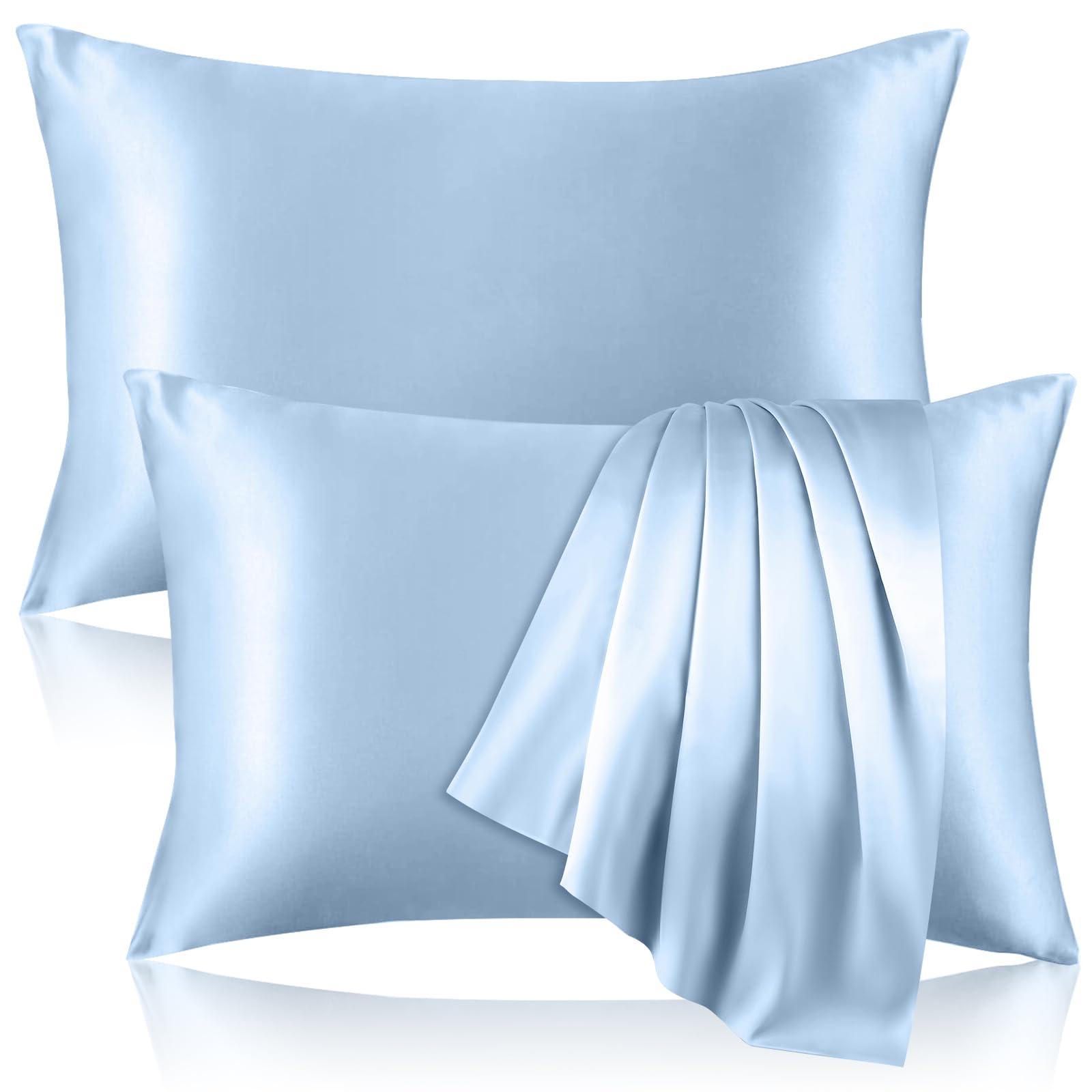 Photo 1 of 2 Pack 100% Pure Silk Pillowcase for Hair and Skin, Both Sides Mulberry Silk Pillowcases with Hidden Zipper, Cooling Pillowcase 19 Momme, 600 Thread Silk Pillow Cases Standard Size, Light Blue