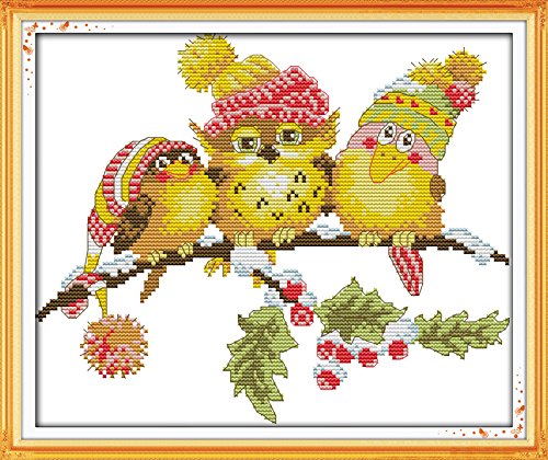 Stitchmelody Stamped Cross Stitch Kits,11CT Printed Pattern DMC Embroidery Set-The Owl with Friends 39cm×33cm