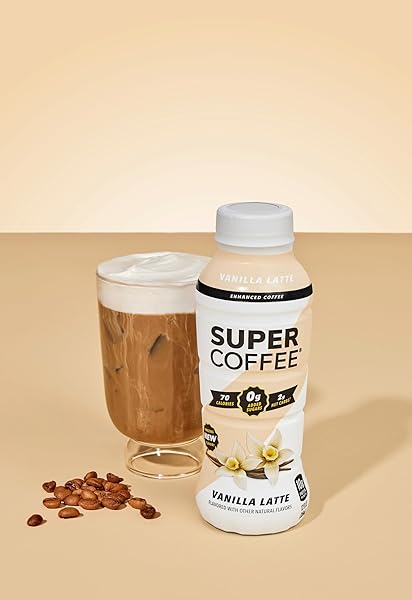 SUPER COFFEE, READY TO DRINK ICED COFFEE, VANILLA LATTE (12 OUNCE BOTTLES, PACK OF 12) – LOW NET CARBS, NO ADDED SUGAR, KETO FRIENDLY, 10G OF PROTEIN, LOW CALORIE, PROTEIN COFFEE