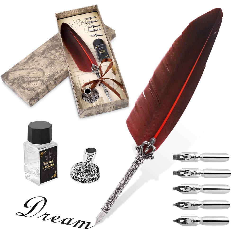 Quill Pen Antique Calligraphy Feather Handmade Quill and Ink Set for English Writing, Vintage Executive Stationery Gift with Nib Bases Bottle No Ink, Harry Potter Quill and Ink Set Cosplay Prop (Red)