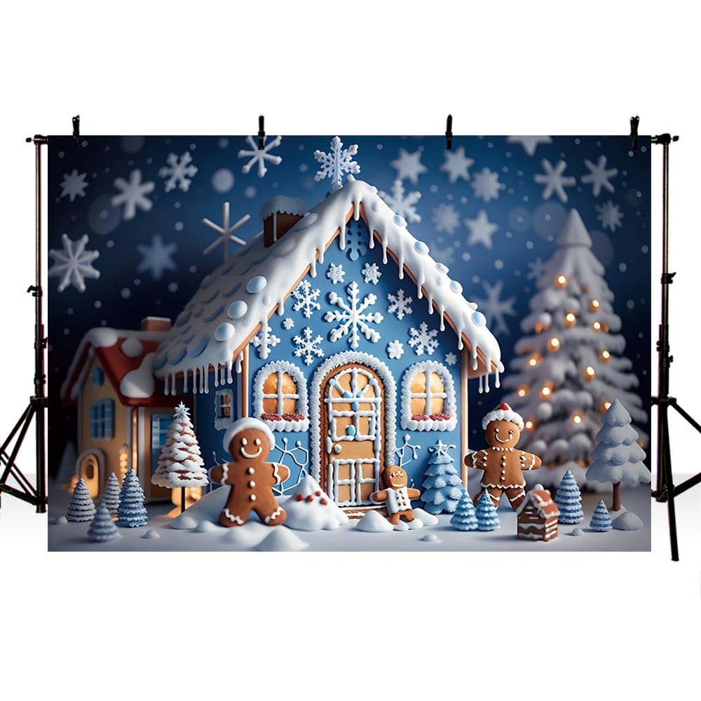 AIBIIN 7x5ft Winter Christmas Photograph Background Blue House Gingerbread Man Snowflakes Xmas Tree Backdrop Kid Family Portrait Decor Banner Photo Props
