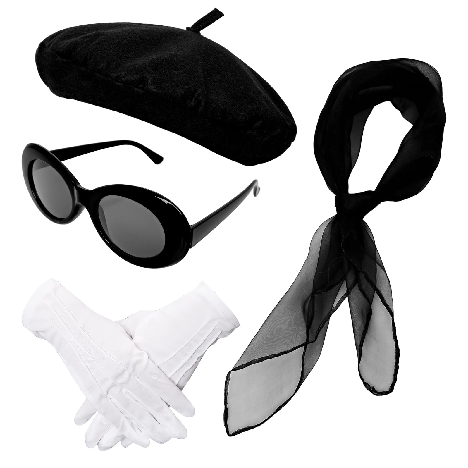 Photo 1 of 5 Pcs French black Beret Hat Set Women Girls Costume Accessories Including Scarf Gloves Beret Hat Sunglasses for Halloween (Black)
