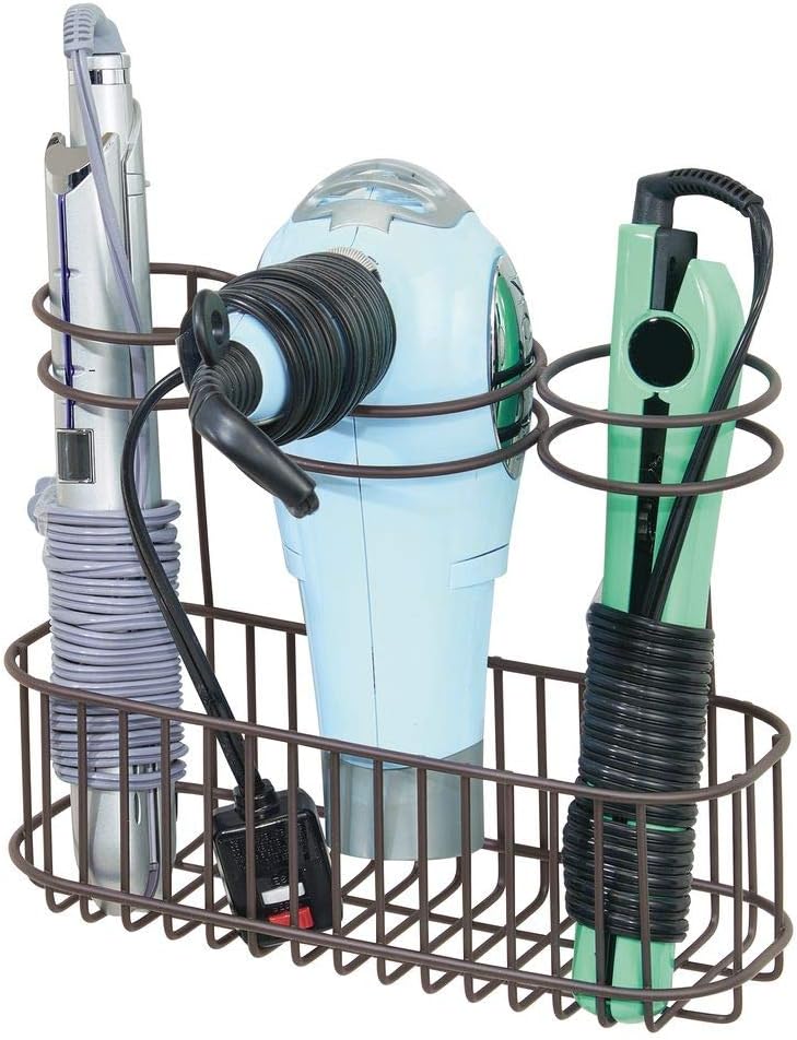 MDesign Porta Asciugacapelli Senza Foratura Da Appendere Alla Porta - Organizer Bagno In Metallo Con 4 Scomparti Per Ferro E Piastra, Argento
