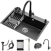 YINXSLO Black Kitchen Sink, Stainless Steel Single Bowl Sink Kit | Top Mount/Drop-In 3-Hole Kitchen Sink with Faucet, Cup Washer, Soap Dispenser, Drainage Kit for RV, Kitchen