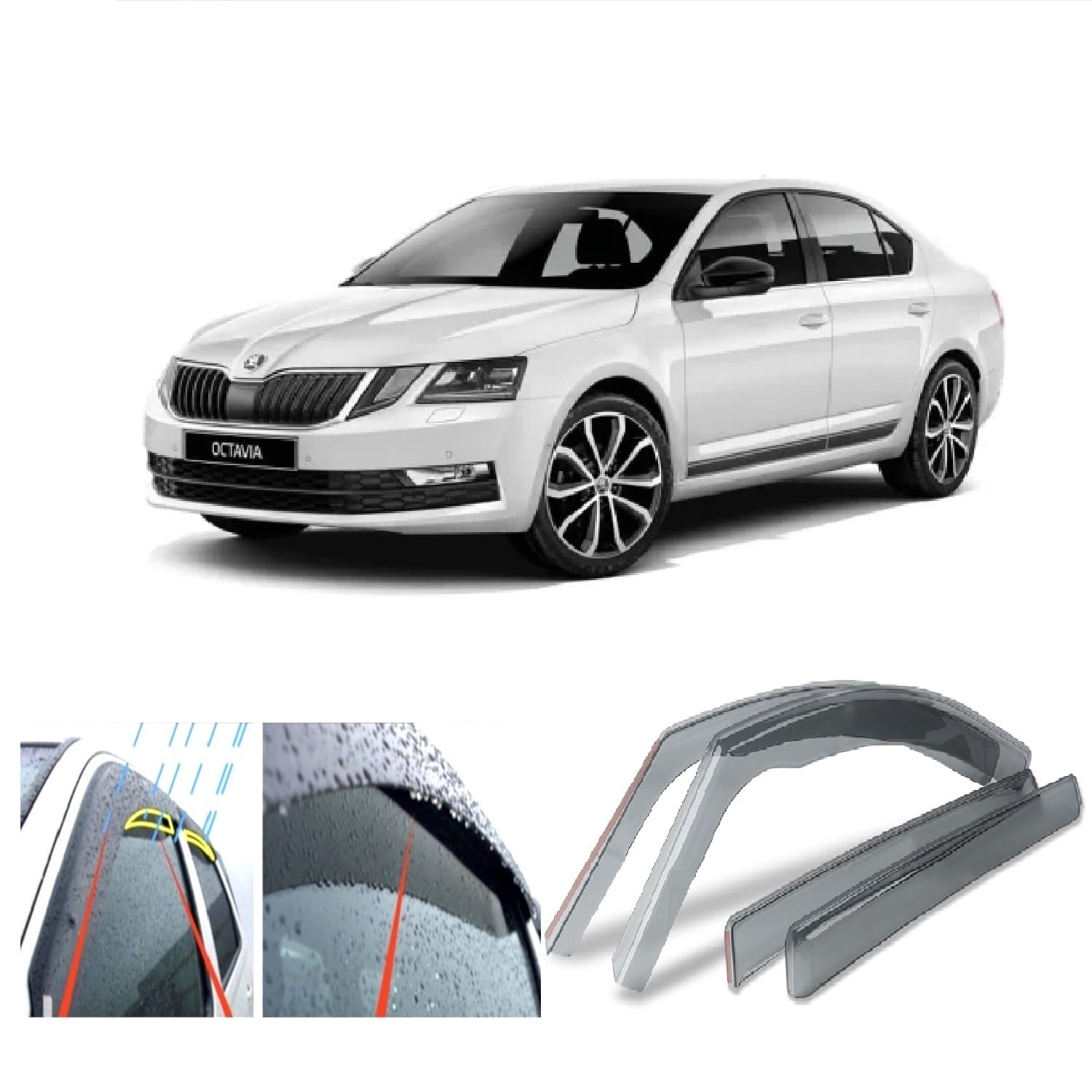 4x Wind Deflectors Compatible with Skoda Octavia Mk3 (5E) 4-door Sedan 2012 2013 2014 2015 2016 2017 2018 2019 2020 Acrylic Glass PMMA Visors Rain Snow Sun Weather Shields Guards
