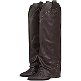 EQAUDES Women's Shark Studded Fold Over Knee High Boots Tall Pull-on Snip Toe Cowboy Cowgirl Slouch Boot Dress