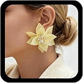 Allereyae Boho White Acrylic Flower Earrings Resin Floral Stud Earrings Large Flower Crystal Earring Statement Bridal Floral Earring Resin Petal Dangle Camellia Stud Jewelry for Women