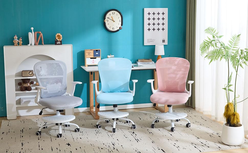 SOLLATI Kids Desk Chair Ergonomic Study Chair Swivel Mesh Desk Chair with Adjustable Arm Height Footrest Wheel Computer Home Office Chair for Children Boys Girls Students Bedroom School Age 5-13 Blue