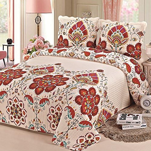 XQL 100% Cotton Rice Embroidery Fairy Tale Flowers 3 Pieces Patchwork Quilt Set Muti-Color - King Size
