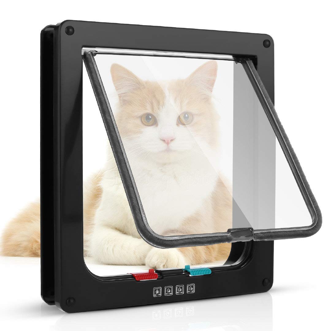 Cat Door with 4 Way Magnetic Closure, Pet Door for Cats and Small Dogs, Cat Door with Tunnel (Black, XL 24.5 x 28.5 x 5.5 cm)