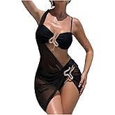 WDIRARA Women's 3 Piece Swimsuit Ring Linked Bikini Set with Sheer Cover Up Dress