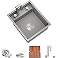 TORVA RV Kitchen Sink, 15 x 18 x 7 Inch Undermount Bar Sink 16 Gauge Stainless Steel Single Bowl Sink with Foldable Faucet Cutting Board, Grey
