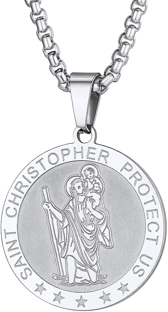 PROSTEEL St Christopher Necklace for Men Saint Christopher Pendant Chain, Catholic Protection Jewellery Silver Round (With Gift Box)