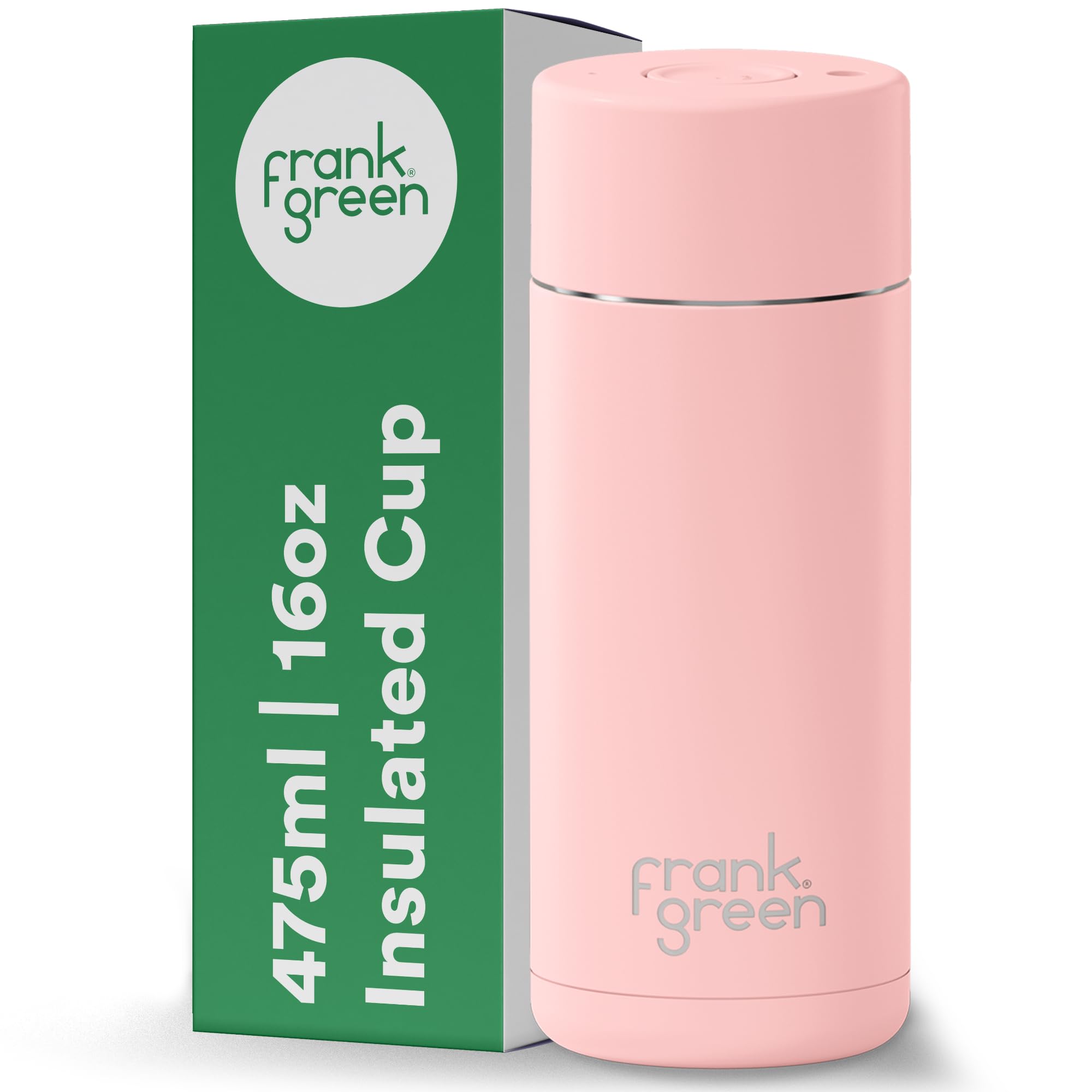 frank green Insulated Travel Mug for Cold Or Hot Drinks - 475ml/16oz Reusable Coffee Cup with Push-Button Lid, Ceramic Lined, Triple Wall Vacuum - Blushed Pink