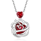 FANCIME Valentines Day Gift Thornless Pulse Heart Birthstone Necklace for Women Sterling Silver Rose Pendant Fine Jewelry Gemstone Birthday Gifts for Wife Her