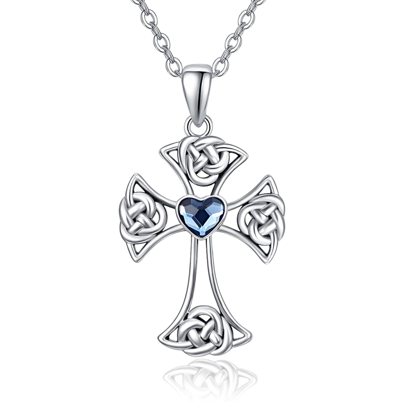 KINGWHYTE Celtic Cross Necklace for Women 925 Sterling Silver Faith Crucifix Pendant Heart Crystal Necklace Christian Religious Jewellery Gift for Woman Mum