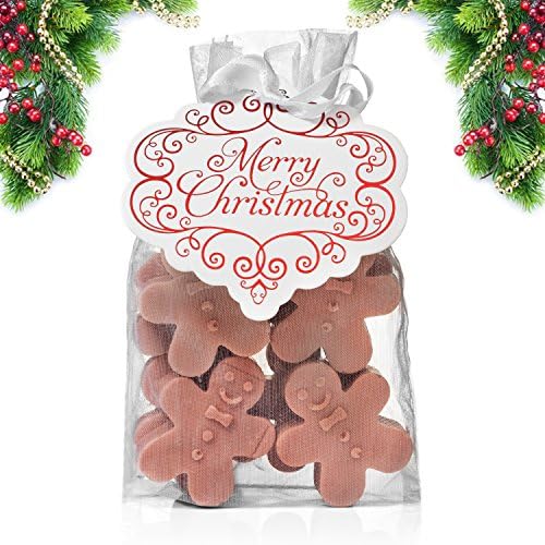 Gingerbread Soaps Set 10 Pack, Stocking Stuffer and Secret Santa Holiday Set - 10 Mini Gingerbread Shaped Soaps with Shea Butter, Ginger and Nutmeg in Gift-Bag with Tag