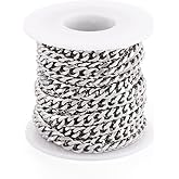 Pandahall 16.4 Feet Stainless Steel Cuban Link Chains Unwelded Metal Necklace Jewelry Chains for Jewelry Making Men Womens Bracelet with Spool Roll, 8x6.3x3mm