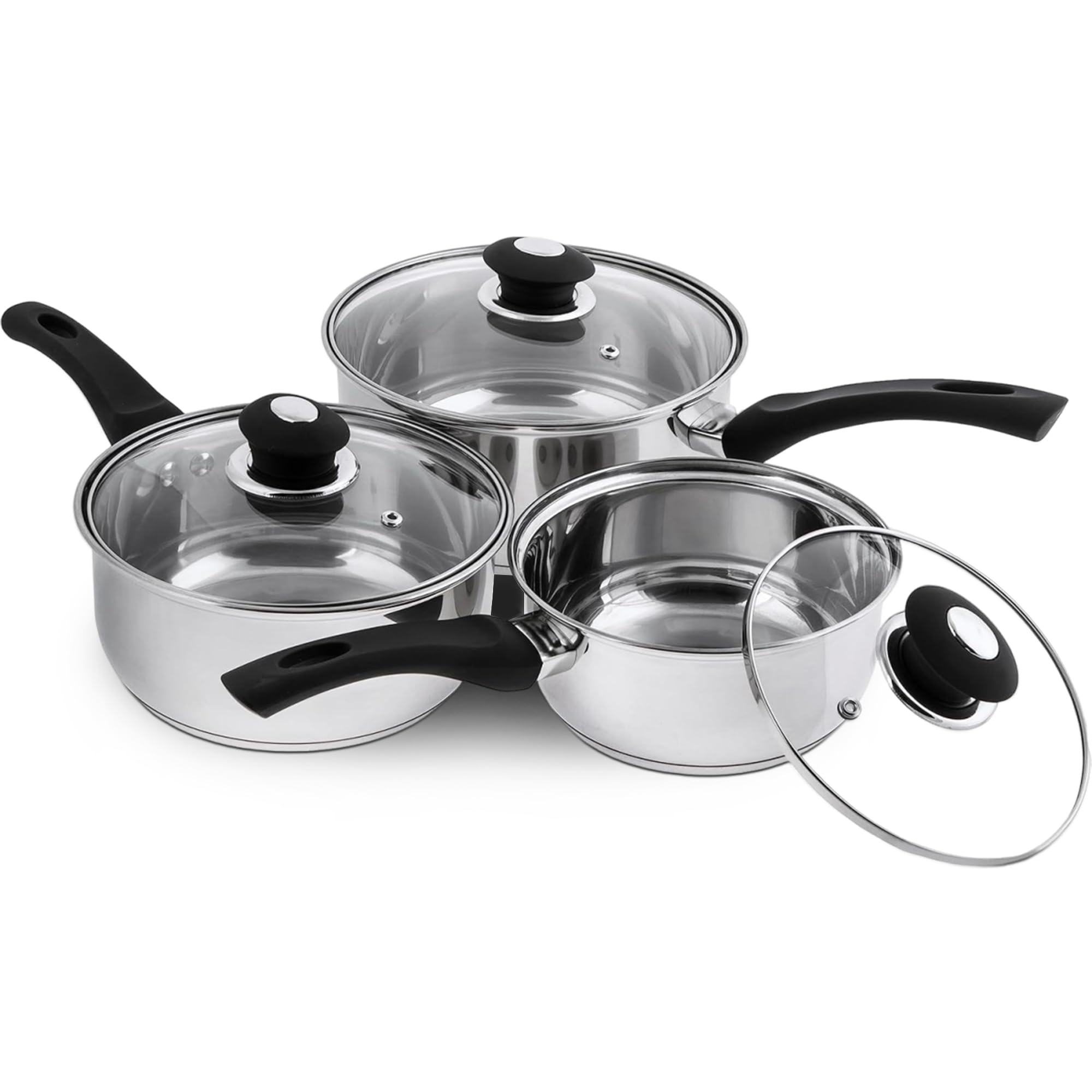 Supreme Vision SS2501 3pc Stainless Sauce pan Set with Glass Lids, Stainlees Steel, 41 x 27 x 5.5 cm