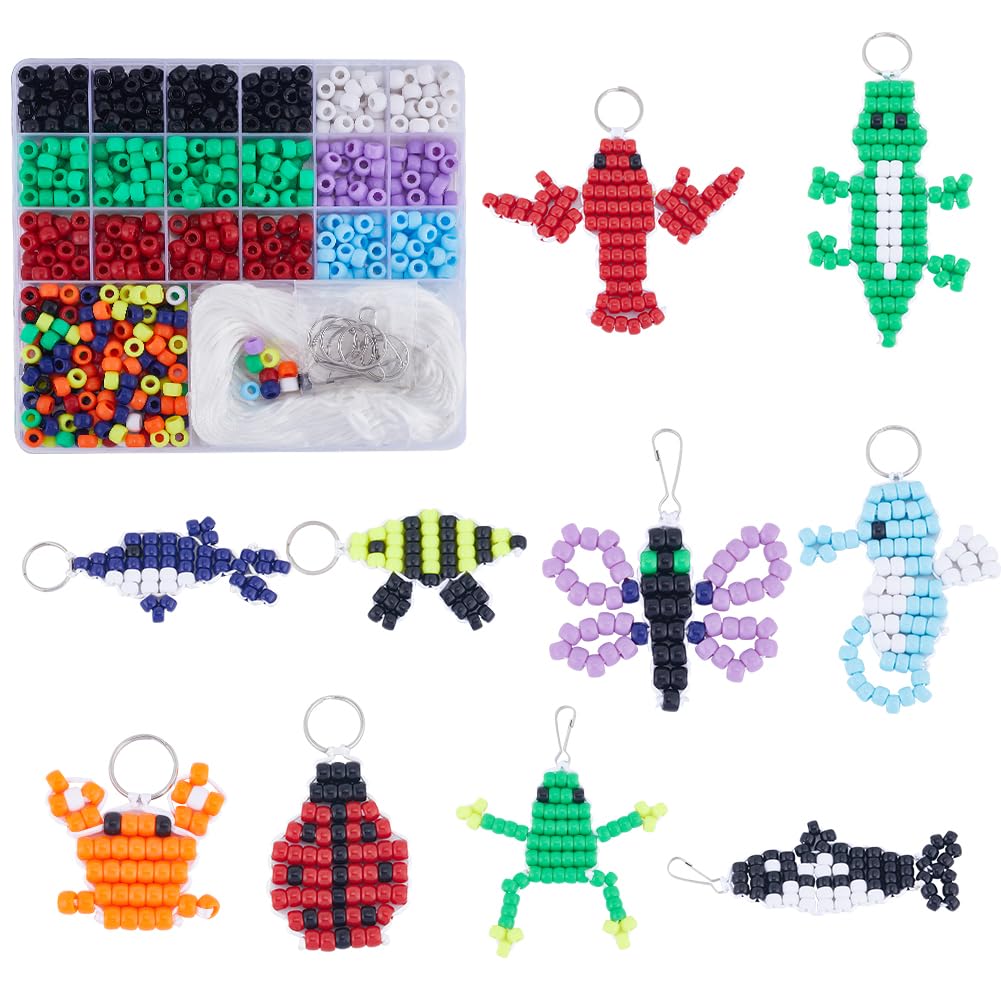 SUNNYCLUE 1 Box DIY 10 Sets Bead Animals Keychain Kit 8mm Large Hole Pony Beads Pets Animal Shapes Red Green Color Gecko Lizard Beading Animal Bead Pet Key Chains Polyester Cord String for DIY Crafts