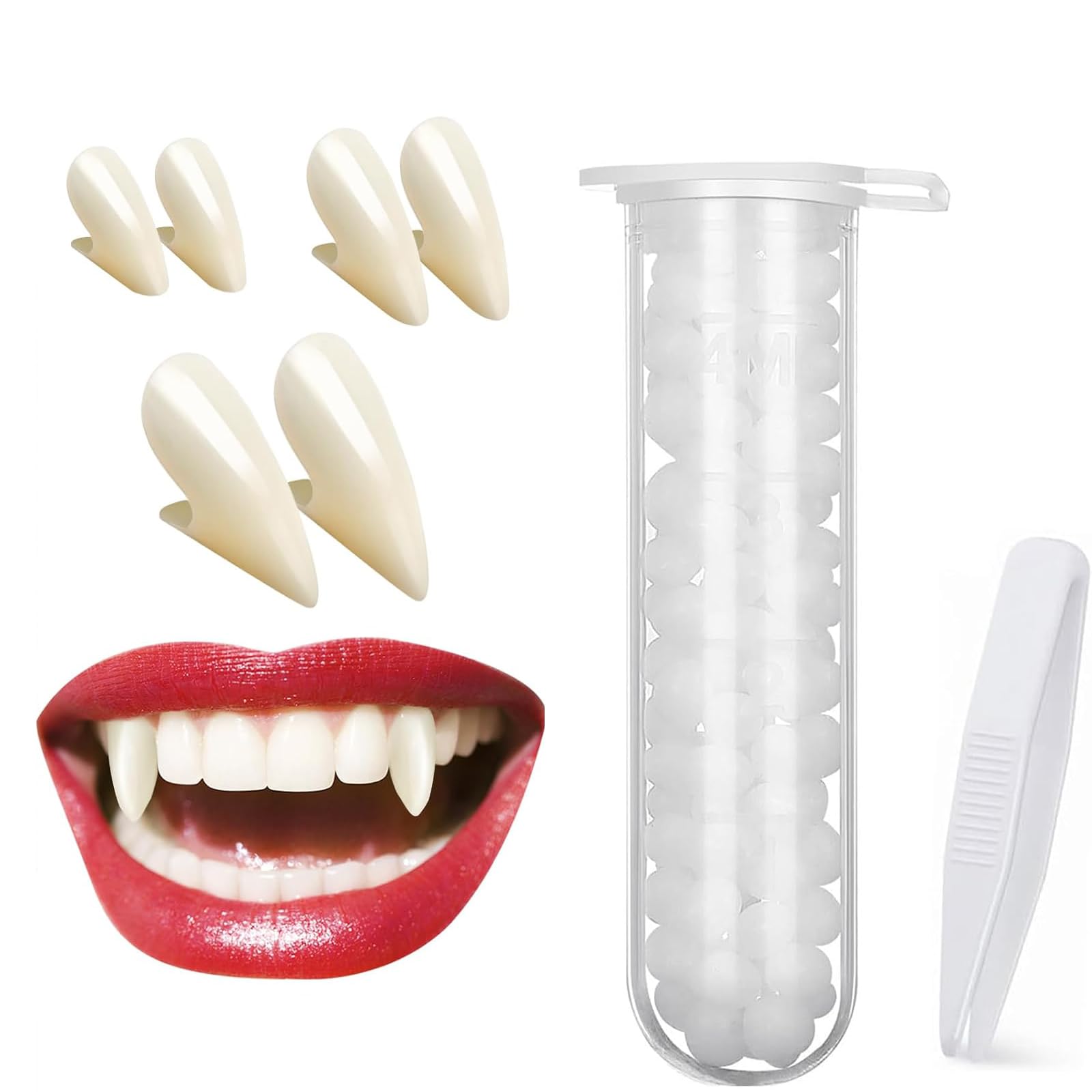 Vampire Teeth, 3 Pairs Vampire Fangs 3 Sizes Custom Fangs Halloween Vampire Fang Fake Fangs with Teeth Pellets Adhesive for Halloween Party Cosplay Props Party Favors