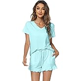 WiWi Womens Pajamas Set Bamboo Viscose Super Soft Short Sleeve Top Ruffle Shorts Sleepwear Cooling Pj Sets S-XXL