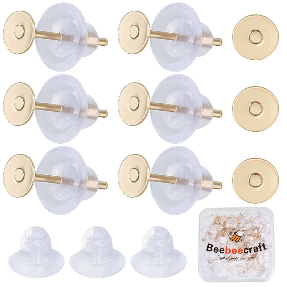 Beebeecraft 1 Box 200Pcs Blank Earring Posts 4mm Small 18K Gold Plated Brass Flat Pad Earrings Posts and Backs with 200Pcs Ear Nuts for DIY Jewellery Making Crafts