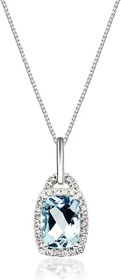 Gin & Grace 10K White Gold Natural Diamond (I1,I2) & Genuine I2) & Genuine Aquamarine Pendant Necklace with Gold Chain for Women Jewelry Gifts