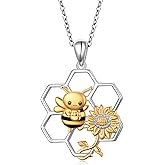 JZMSJF S925 Sterling Silver Bee Necklace Honey Bee Hive Pendant Necklace for Women