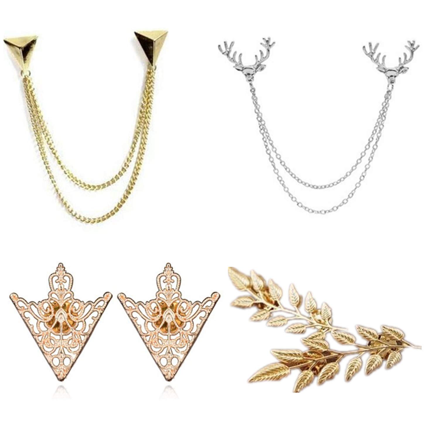 YouU 4 Pcs Deer Head Double Link Chains, Gold Stud, Retro Hollow Pattern and Angle Triangle Tassels Collar Pins Brooch Clip Pin Brooches Shirt Collar Decoration Parts with Transparent Box