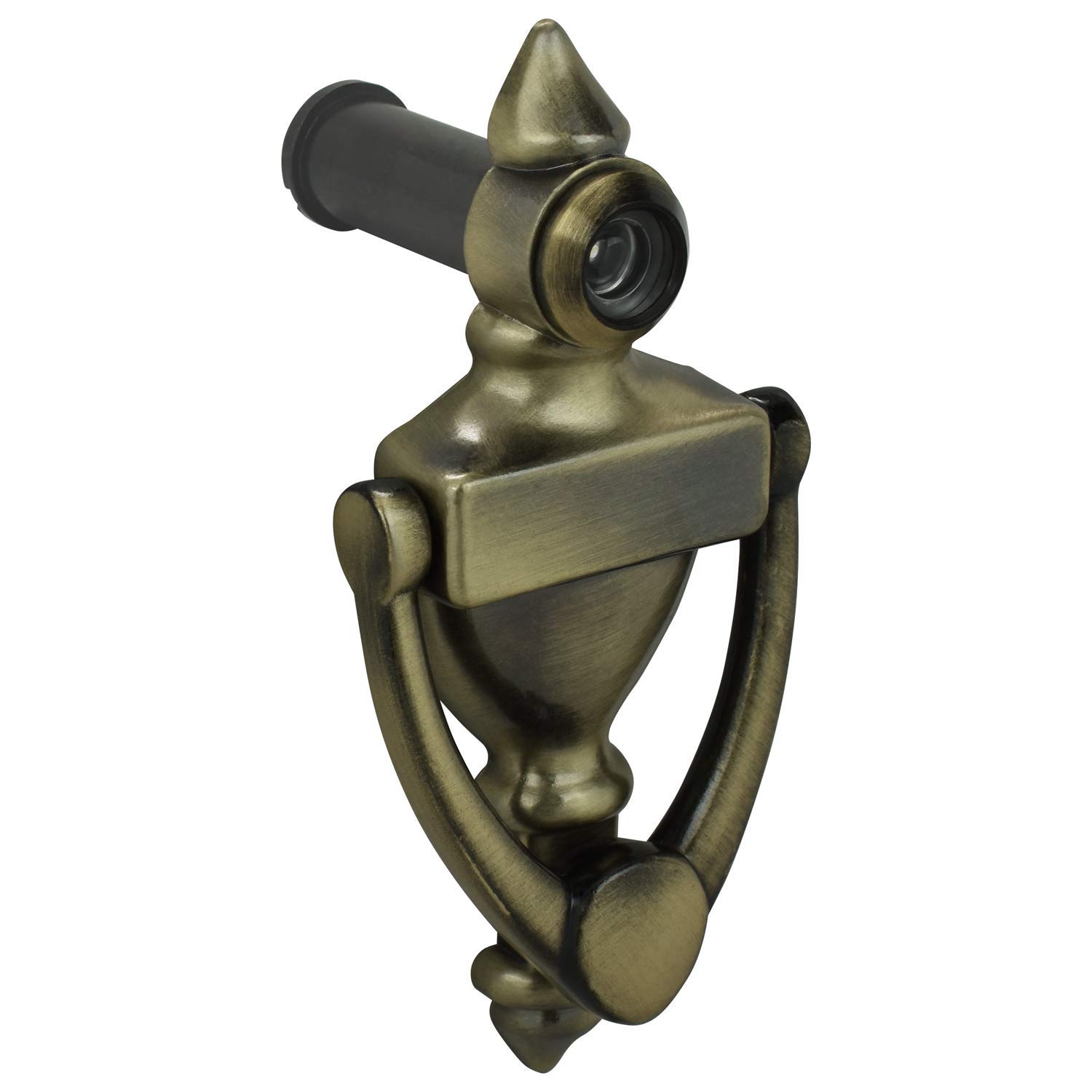 Nuk3y Door Knocker &amp; Viewer, 9/16 in. Bore, 160-Degree View Angle (4" Height, Antique Brass)