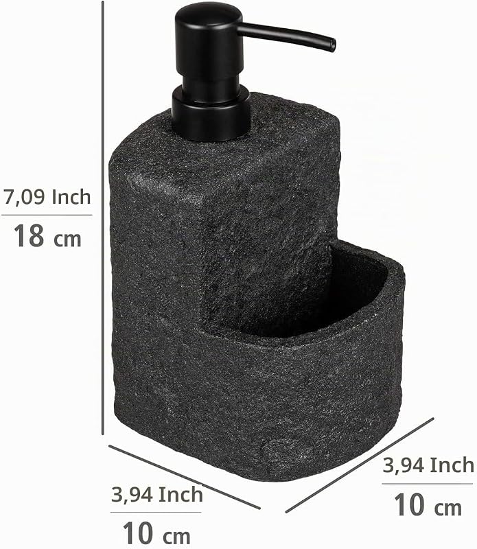 Spülmittelspender Mod. Festival nachfüllbarer Seifenspender Steinoptik für die Küche mit Fach für Spülschwamm 380 ml 10,5 x 18 x 11 cm Schwarz