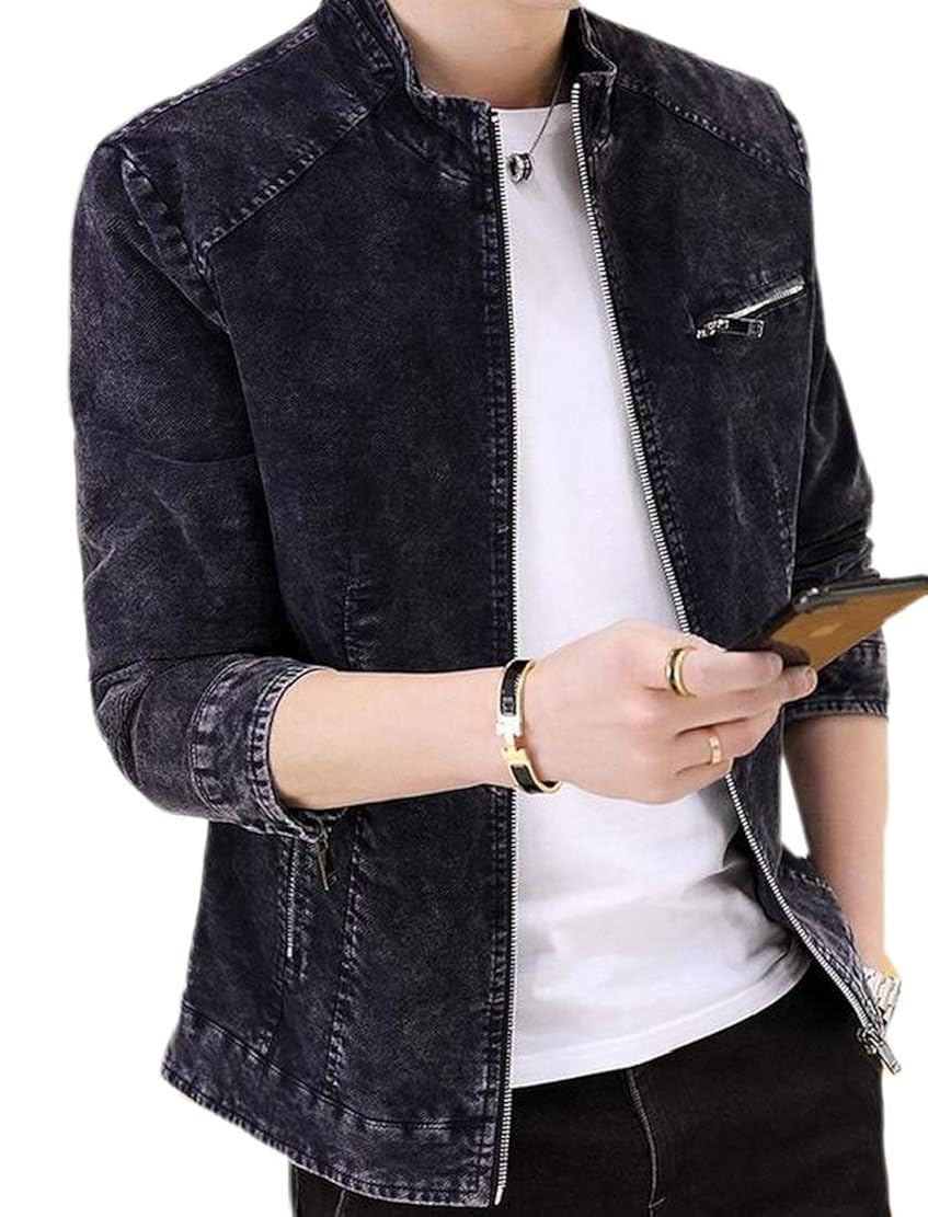 stand collar zip up denim jacket