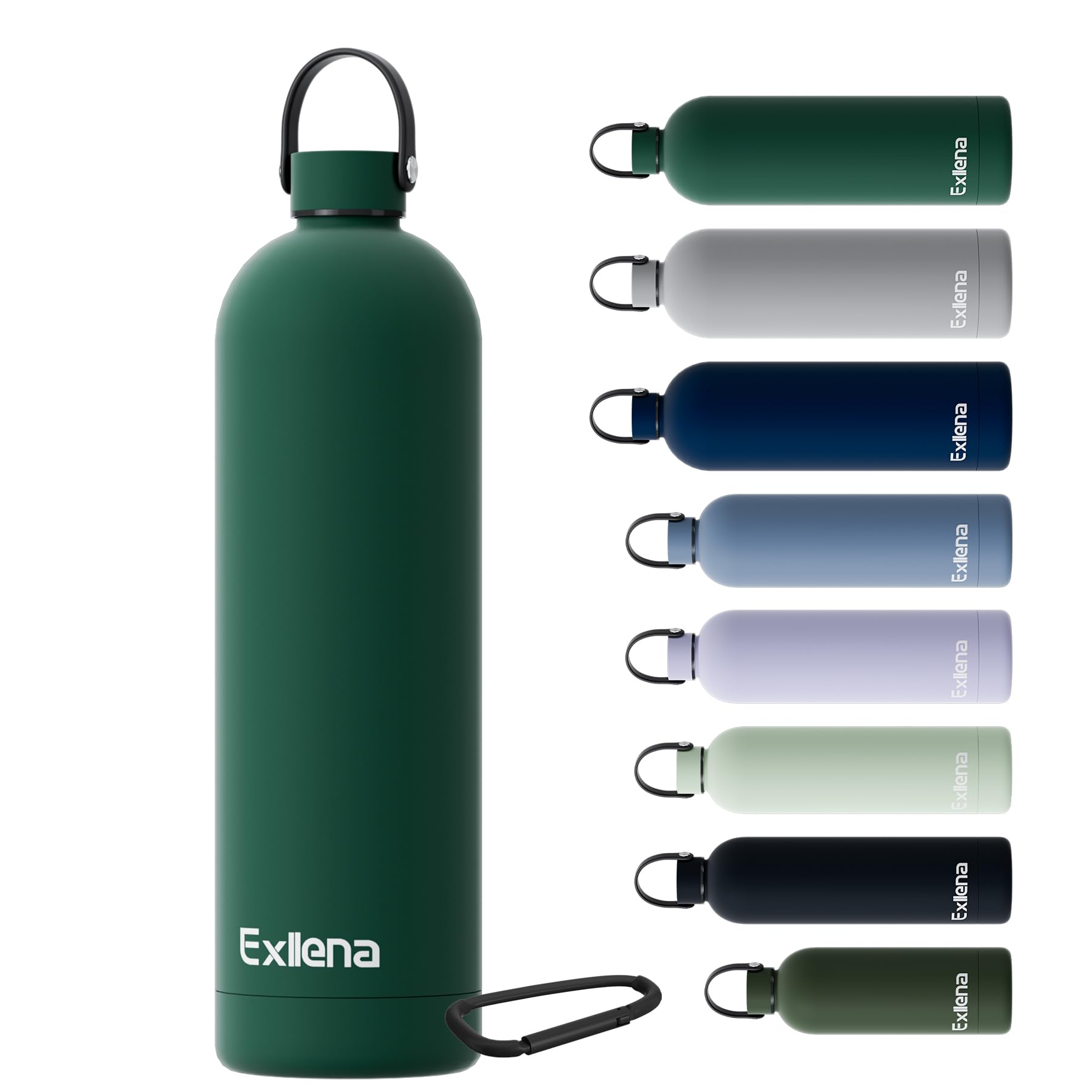 Exllena Insulated Water Bottles 1.5l with Handle Lid and Carabiner, Double Wall Vacuum Drinks Bottle Keeps Drinks Cold 24 Hrs/Hot 12 Hrs, Stainless Steel Water Bottle BPA Free(Emerald Green)