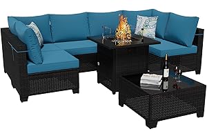 Ophelian 8 Pieces Outdoor Sectional Furniture, Rattan Wicker Patio Sofa Couch with 28in Gas Fire Pit Table,Conversation Sets for Backyard,Garden, Deck, (Brown/Peacock Blue)