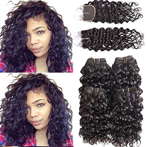 Peiyulex Brazilian Water Wave Bundles With Closure,Wet and Wavy Human Hair 4 Bundles with Lace closure Ocean Wave Human Hair Weave Extensions Remy Hair 50g/bundle (4x10inch+10 Middle part)