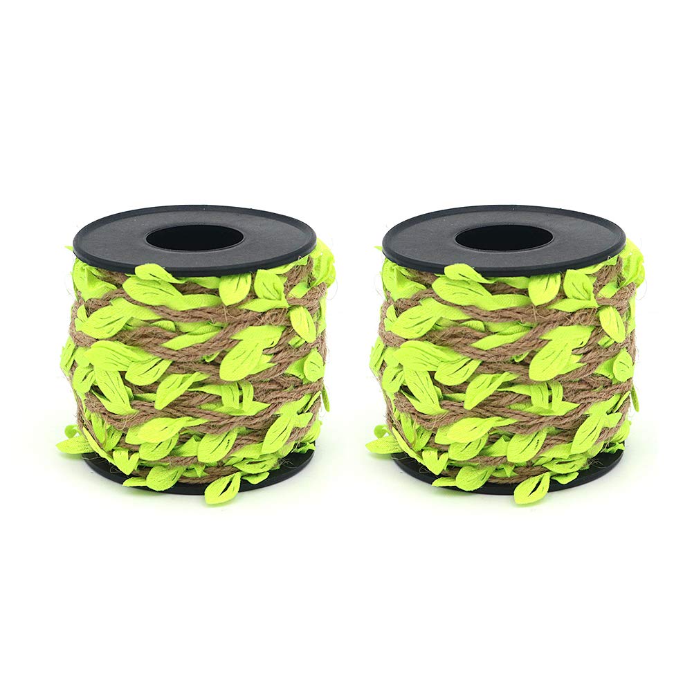 Shiwaki 2PCS Jute Twine with Leaf, 33 Feet Leaf Ribbon with Coil for Wedding Home Garden Decoration - Fluorescent Green