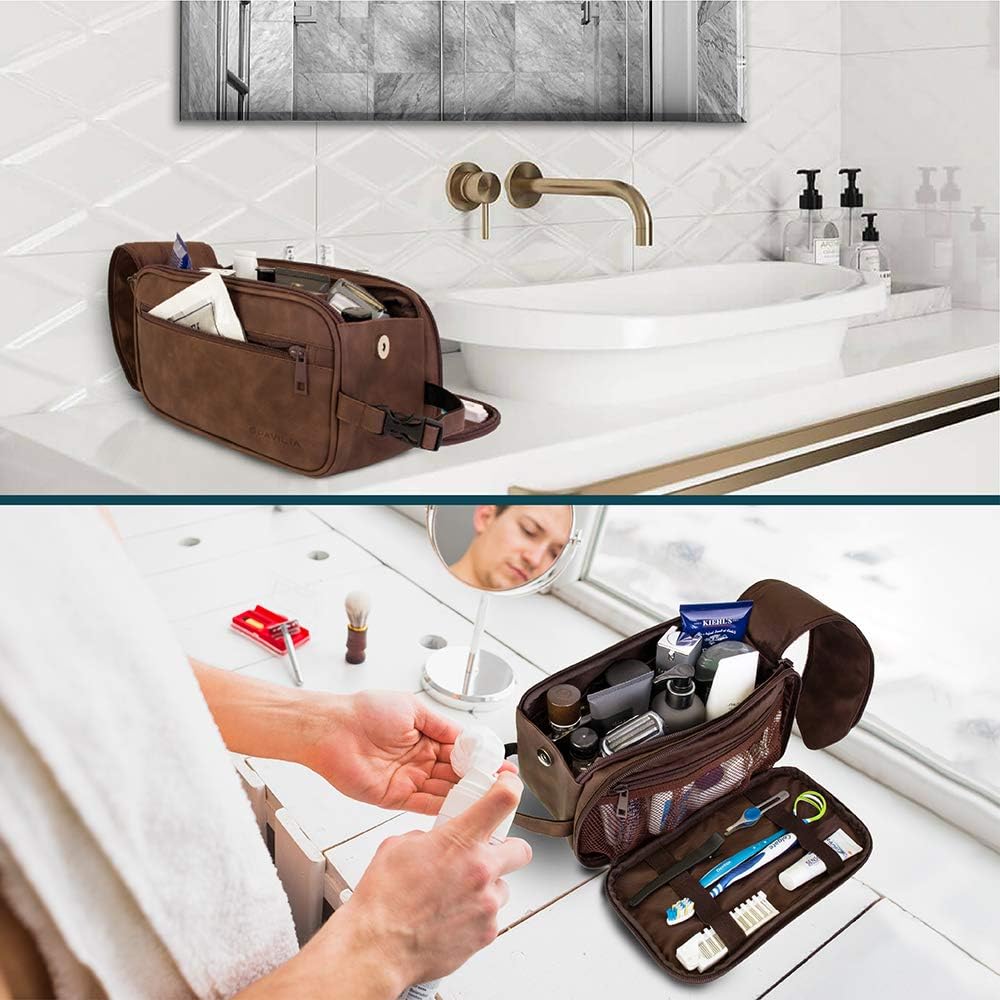 PAVILIA Toiletry Bag for Men, Travel Toiletries Bag | Water-resistant Dopp Kit, PU Leather Shaving Bag Organizer for Toiletry Accessories, Grooming, Hygiene, Cosmetic (Brown): Clothing
