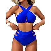 Kaei&Shi Bikini Sets for Women Full Coverage Bottoms,High Waisted Bathing Suit,Cut Out Criss Cross Two Piece Swimsuits
