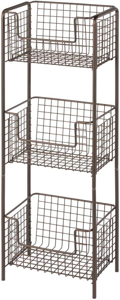 mDesign 3 Tier Vertical Standing Bathroom Shelving Unit, Decorative Metal Storage Organizer Tower Rack with 3 Basket Bins to Hold and Organize Bath Towels, Hand Soap, Toiletries - Bronze: Kitchen & Dining
