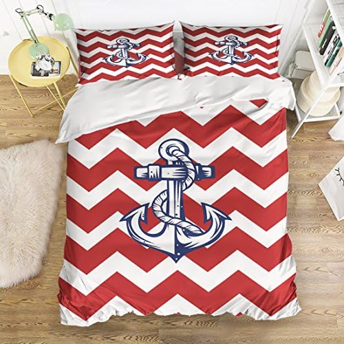 4 Pieces Bed Sheets Set Chevron Anchor Pattern Print With Blue White Chevron Zig Zag Design Duvet Cover Set Bedspread for Childrens/Kids/Teens/Adults Full Size