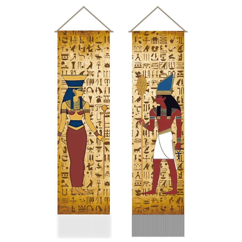 AHANDMAKER 2 Pieces Egypt Hieroglyphic Tapestries, Ancient Egypt Vertical Hieroglyphic Tapestry Wall Hanging, Egyptian Theme Tassel Wall Tapestry for Bedroom Living Room (45.7 X