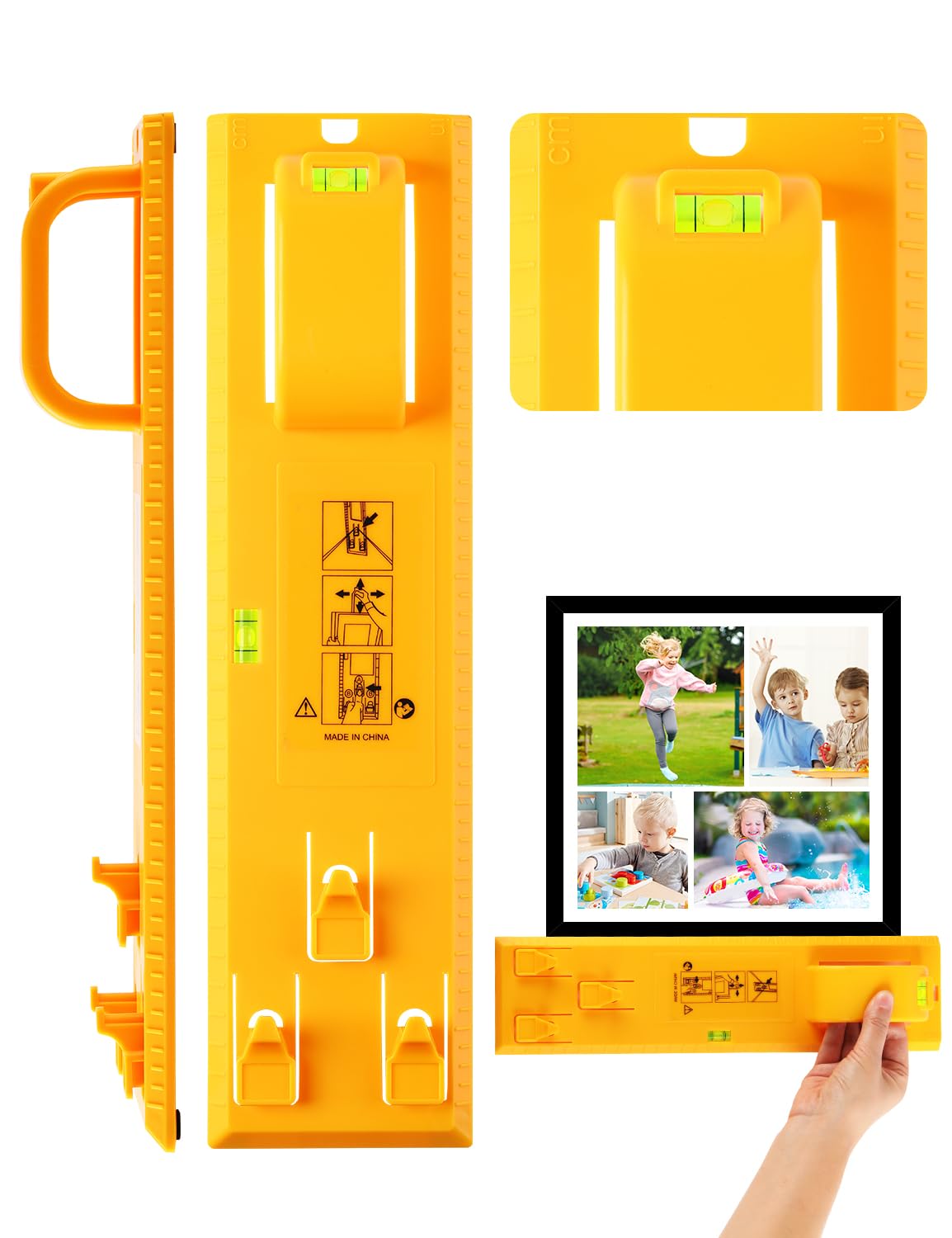 Photo 1 of Stalishare Picture Hanging Tool with Level, Goodsnova Photo Frame Hanging Tool for Easy Marking Position, Wall Hanger Helper Guide for Photo/ Art/ Painting Frame (Plastic, Yellow)